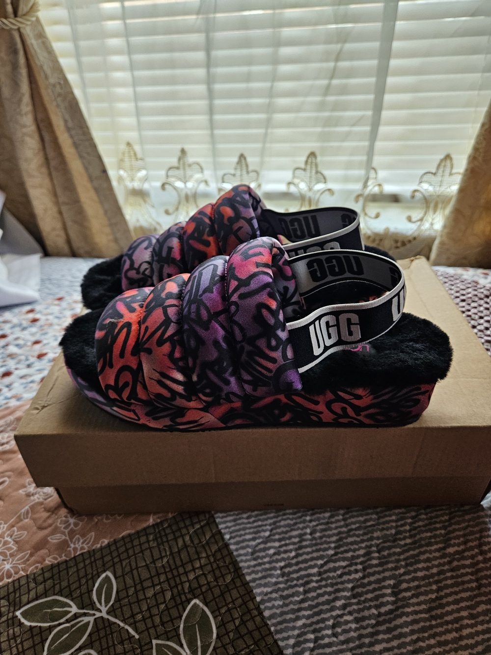 UGG Pink & Purple Graffiti Fluff Slide Sandals